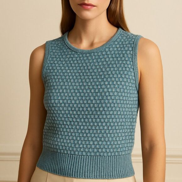 St. John Sport Women’s M Basket‎ Weave Sweater Vest Blue Aqua Wool Blend Preppy - Picture 1 of 11